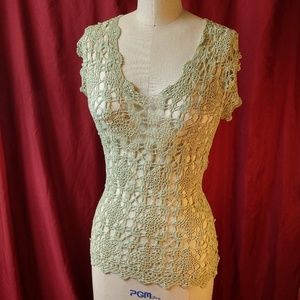 V-Neck Crochet Top, Sage Green, Small